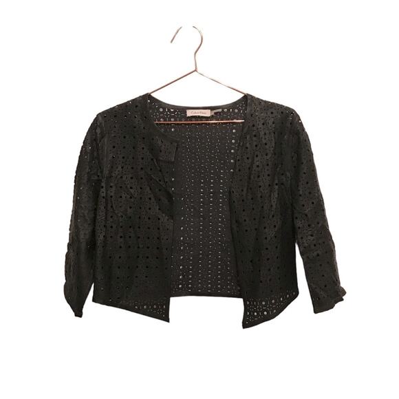 Calvin Klein Black Eyelet Cropped Faux Leather Jacket - Picture 1 of 7